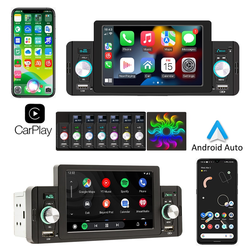 Car Radio, 1 Din CarPlay, Android-Auto, Bluetooth, Multimedia Player,  Handsfree, USB, FM, 5 Inch, Touch Screen, Head Unit, F160C
