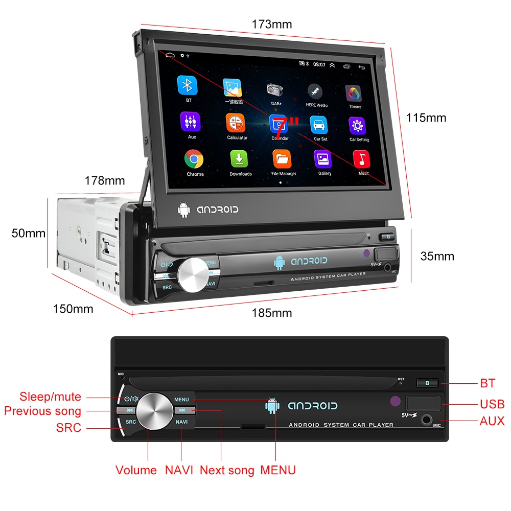 AMPrime Android 1 din Car Radio 7'' HD Retractable Touch Screen