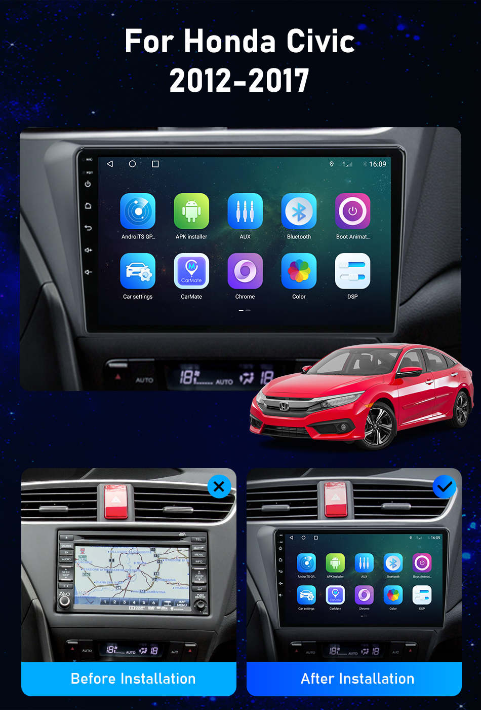 Autoradio For 5D honda-civic 7 hatch-back ek Car Radio Multimedia Video  Player Navigation GPS Android 10 No 2din 2 din dvd