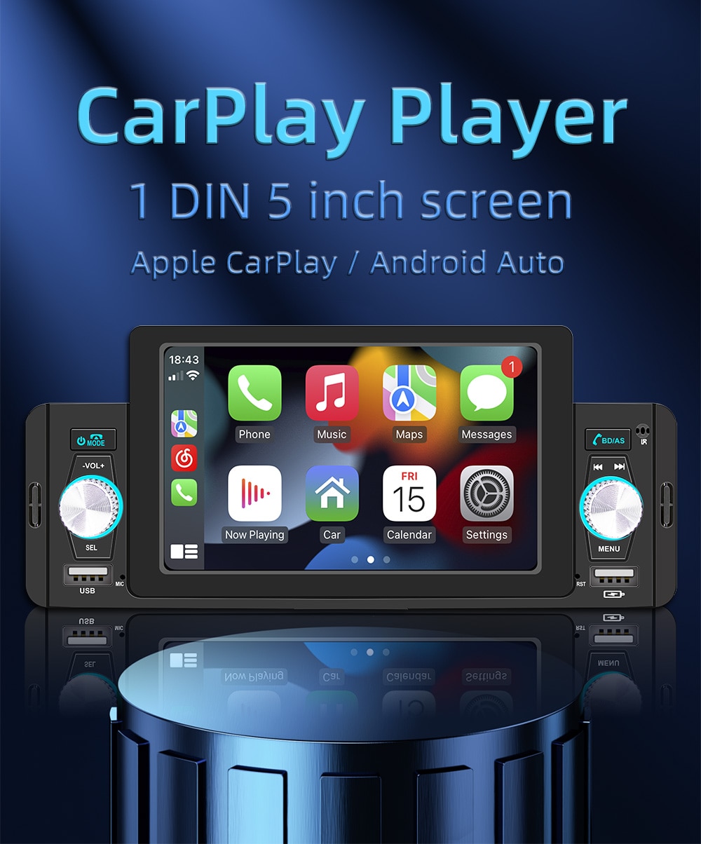 Radio con Bluetooth para coche, Apple CarPlay, 1 Din, 5 pulgadas pantalla,  Android-Auto, manos libres, reproductor MP5, A2DP, USB, receptor FM,  Autorradio unidad principal del sistema de Audio F160C