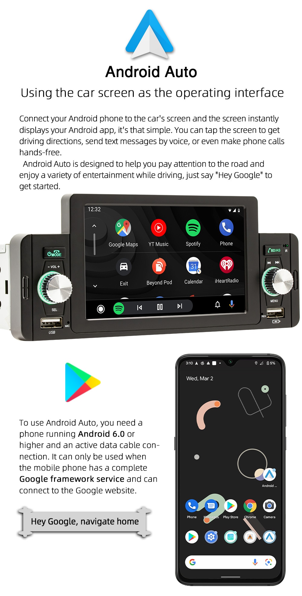 1 Din 5 CarPlay Radio Car Stereo Bluetooth MP5 Player Android-Auto Hands  Free A2DP USB FM Receiver Audio System Head Unit F160C