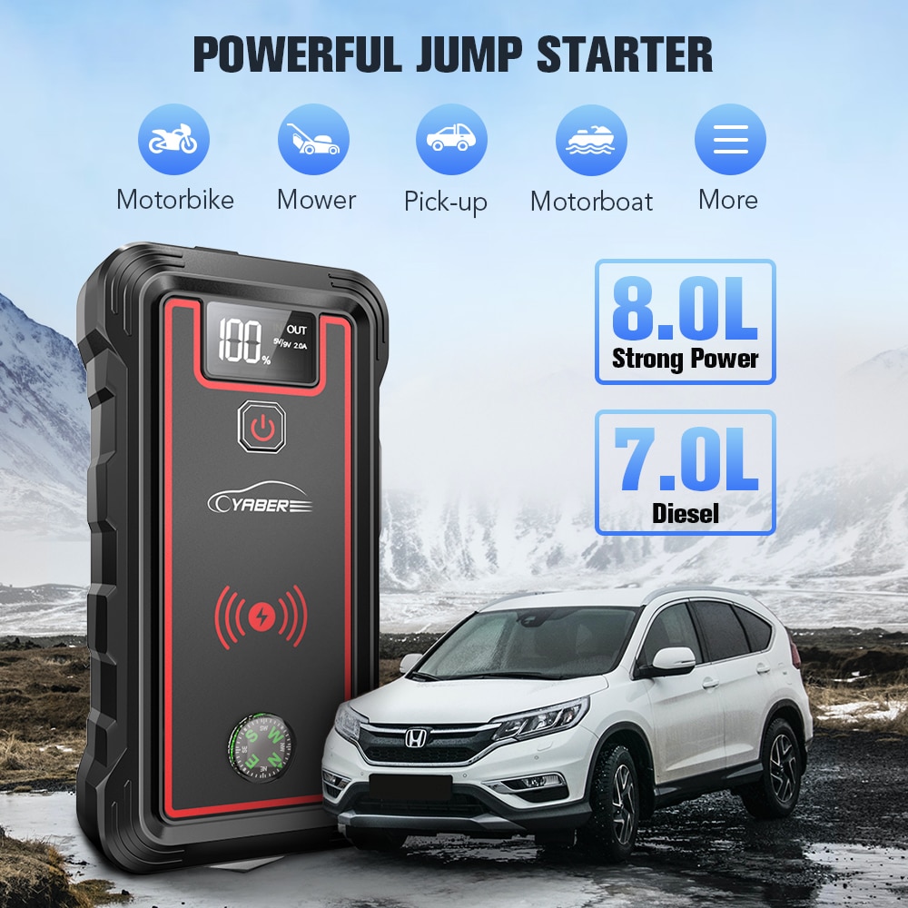  YABER Jump Starter with 10W Wireless Charger, 3500A 23800mAh  Portable Car Battery Jump Starter Battery Pack (All Gas/8.0L Diesel) 12V  Jump Box Car Battery Jumper with 4 LED Modes, Fast Charge