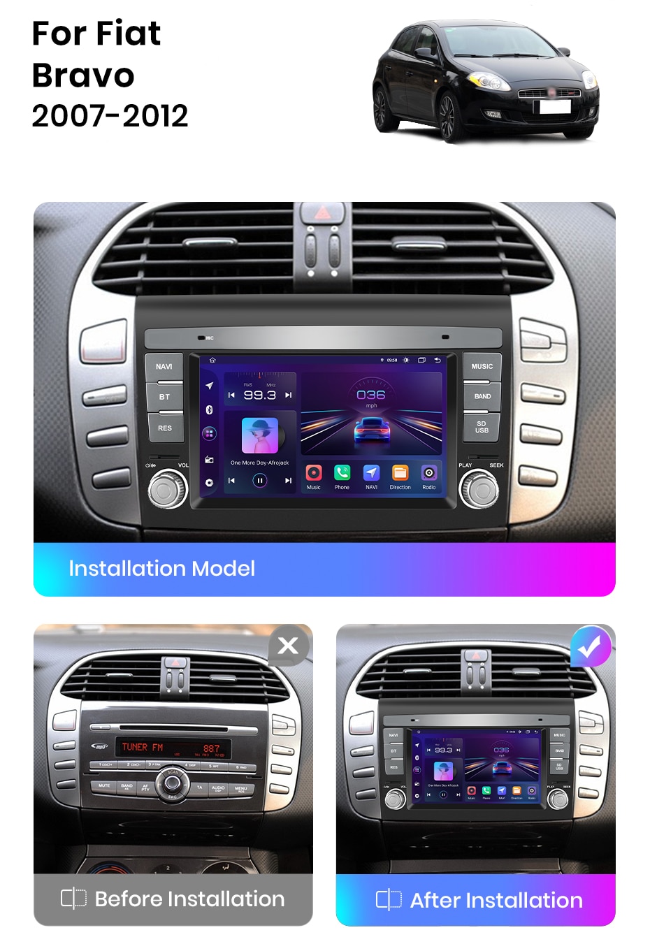 Android Car Radio For Fiat Bravo 2007-2012 1028*720P Car RDS multimedia  with frame
