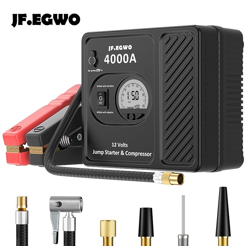  JF.EGWO 4000Amp Car Jump Starter with Air Compressor, 12V Safe  Lithium Auto Battery Booster (up to 10.0+L Gas and 10.0+L Diesel Engine),  150 PSI Air Pump, Built-in 2 USB Ports and