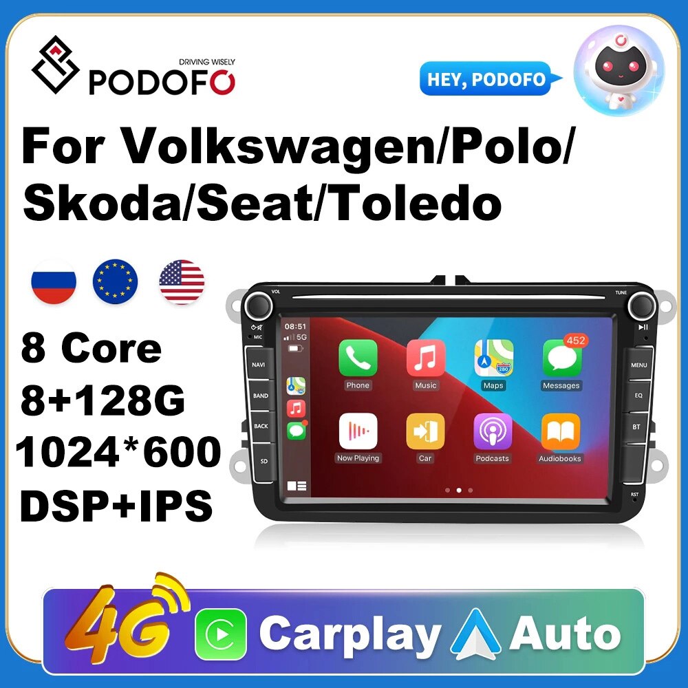 Podofo 2Din Android 10 Car Radio GPS Wifi 4G DSP 8 Inch for VW