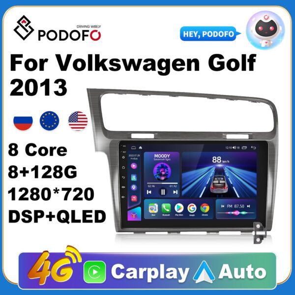 Podofo AI Voice Android Carplay Car Radio For Volkswagen Golf 2013 2din Android Auto 4G Multimedia GPS autoradio DSP