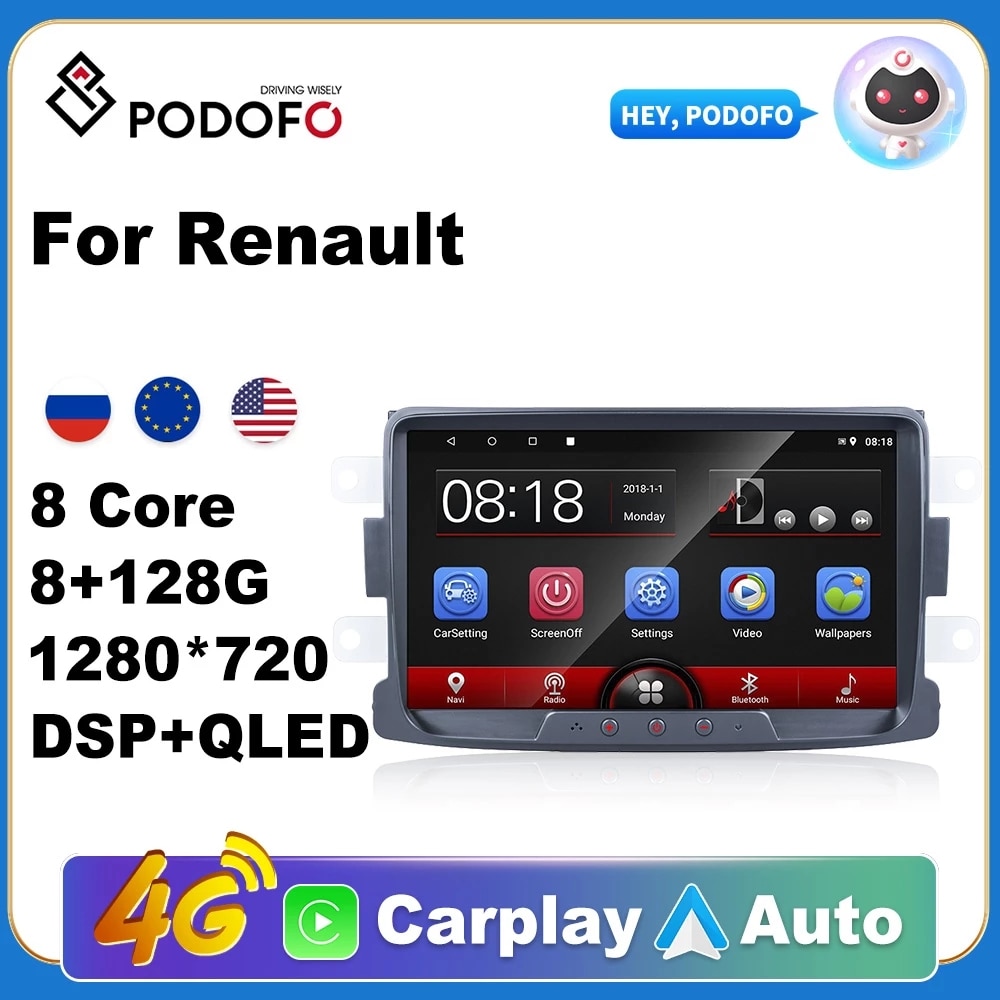 Podofo Android 10 Car Radio 8G 128G WIFI 4G 8 Cores Ai Voice