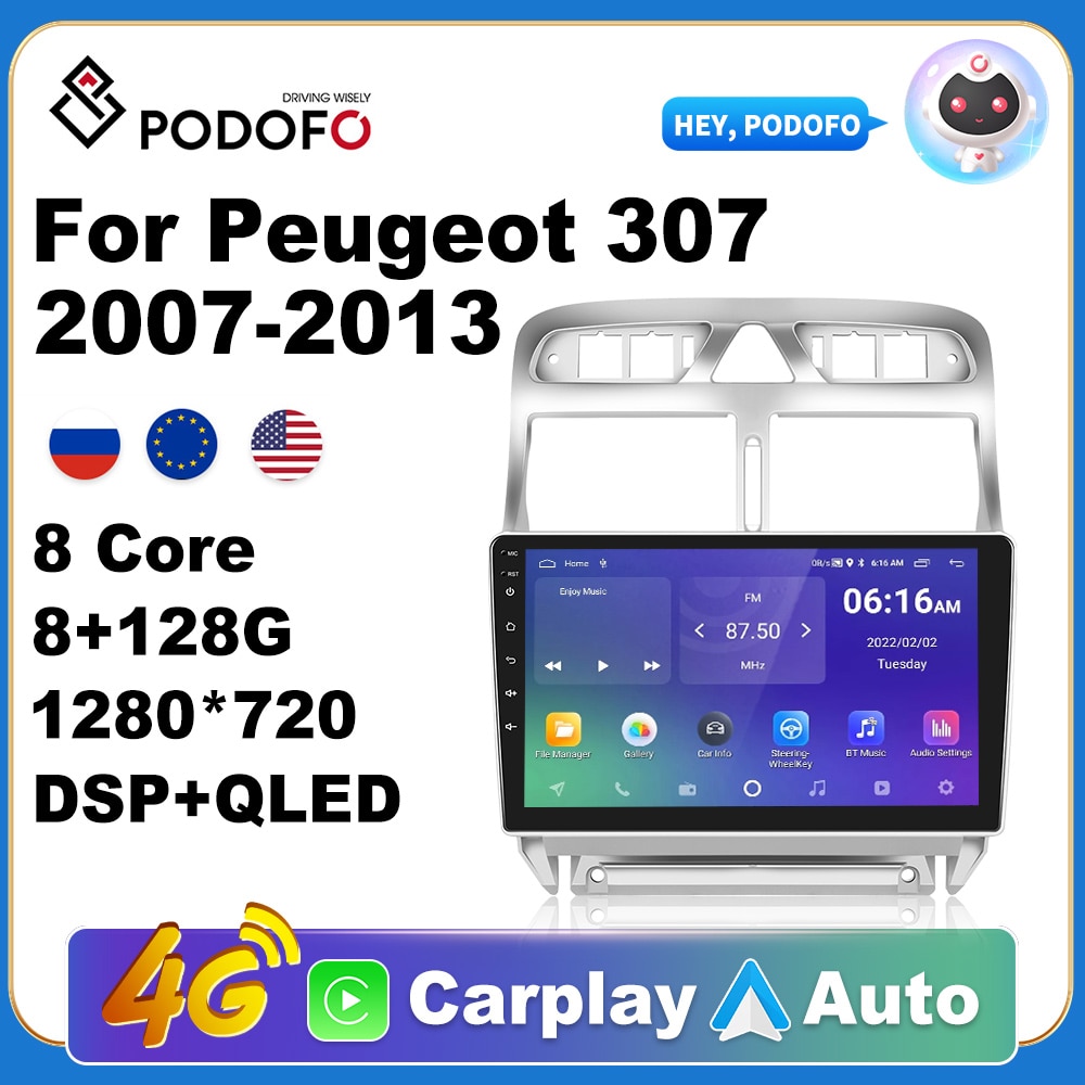 Podofo Car Radio Android10 GPS Navigation Multimedia Player For Peugeot 307  2007-2013 2din Car Stereo 4G Carplay DSP WiFi Video - Robaizkine - Car  Electronics Store
